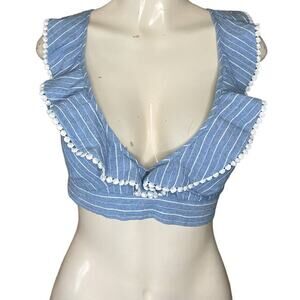 Blue Chambray Denim White Pinstripe Crop Top Criss Cross Tie Back Size Medium